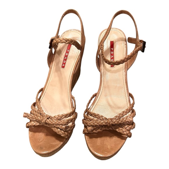 Prada Strappy Braided Leather Platform Wedge Taupe Sandals Size 8 1/2 - Picture 1 of 11